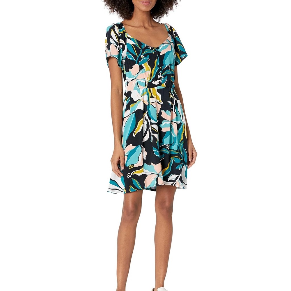 Brand New! Roxy short sleeve Shimmy Over print flowy mini dress size M